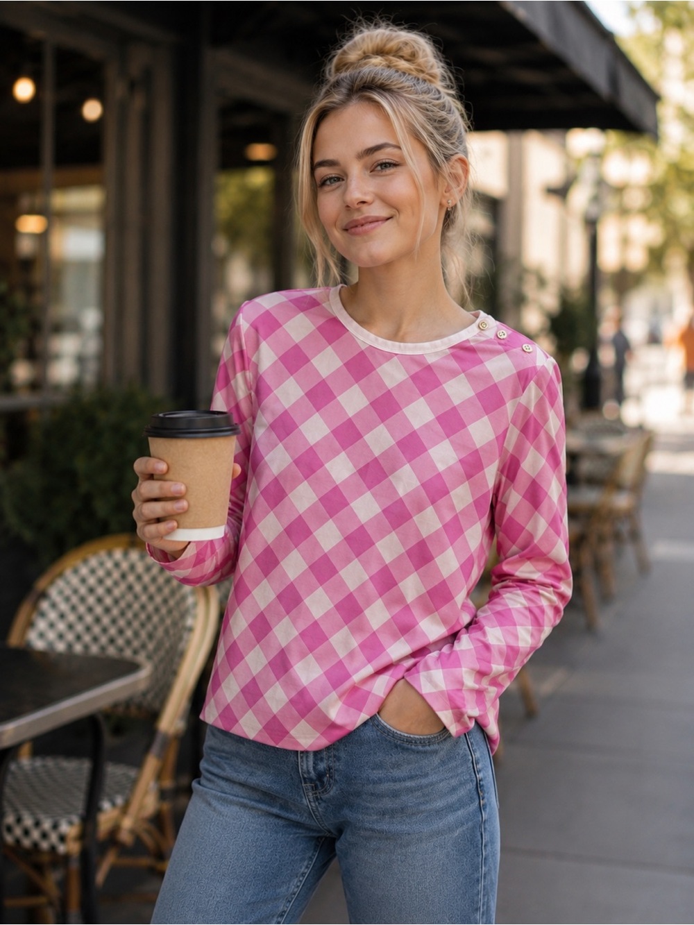 Bob Mackie Wearable Art Size M Pink and White Checkered Long Sleeve Shirt